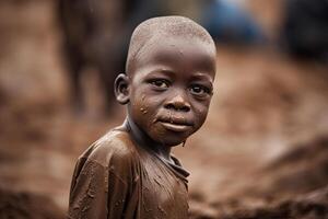 portret van Afrikaanse jongen buitenshuis. generatief ai foto