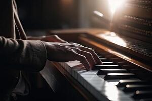 musicus handen Aan piano toetsenbord. klassiek muziek- instrument. generatief ai foto