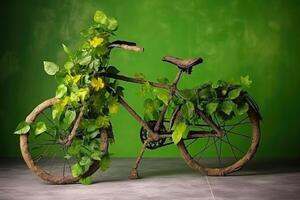 fiets gemaakt van natuurlijk groen planten. eco vriendelijk vervoer. generatief ai foto
