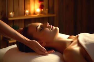 gezicht massage voor vrouw in spa salon. gelaats schoonheid behandeling. generatief ai foto