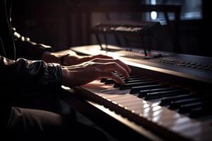 musicus handen Aan piano toetsenbord. klassiek muziek- instrument. generatief ai foto