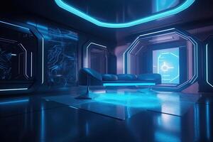 futuristische kamer interieur met gloeiend lijnen. generatief ai foto