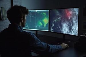 meteoroloog toezicht houden weer voorspelling Bij toezicht houden op scherm. generatief ai foto