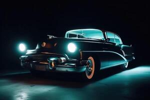 verlichte retro klassiek auto Bij nacht. generatief ai foto