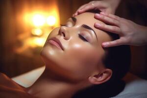 gezicht massage voor vrouw in spa salon. gelaats schoonheid behandeling. generatief ai foto