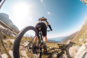 professioneel fietser in beschermend helm treinen Aan berg weg. generatief ai foto