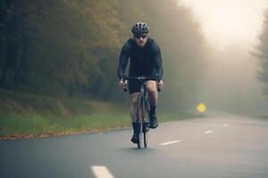 professioneel fietser in beschermend helm treinen Aan weg. generatief ai foto