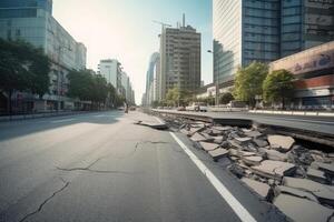 stad straat met vernietigd asfalt weg na ramp. generatief ai foto