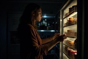 hongerig vrouw op zoek voor voedsel in koelkast Bij nacht. generatief ai foto