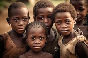 portret van Afrikaanse jongen buitenshuis. generatief ai foto