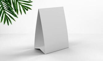 een wit papier tafel tent weergegeven in een elegant instelling met groen plan bladeren en kopiëren ruimte voor modellen. 3d geven illustratie. foto