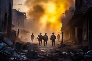 leger Heren. een groep van soldaten Aan een achtergrond stad Aan brand. oorlog activiteiten. generatief ai. foto