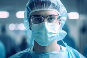 geneeskunde en beroep.sluiten omhoog van vrouw dokter in beschermend gelaats masker en bril. generatief ai. foto