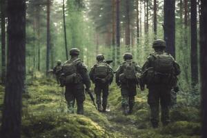 terug van groep soldaten in diep Woud. speciaal krachten oorlog operatie. generatief ai. foto