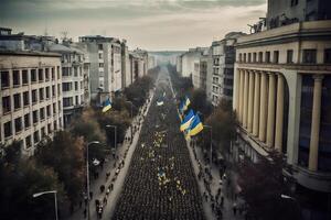 leger optocht na oorlog met Oekraïne vlaggen Aan stad. zege dag. menigte van mensen, bovenstaand visie. generatief ai. foto