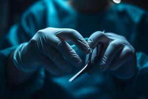 dichtbij omhoog handen van chirurg houdt een scalpel in een in werking kamer. chirurgisch activiteiten. generatief ai. foto