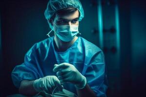 geneeskunde en beroep. mannetje dokter in beschermend gelaats masker en uniform. generatief ai. foto