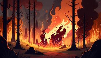 realistisch tekenfilm illustratie van Woud Aan brand en vol van rook, generatief ai foto