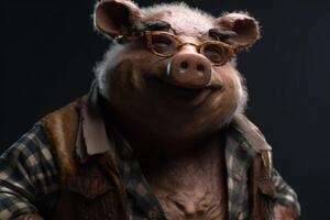 een foto van een varken-beer-man karakter vervelend bril generatief ai