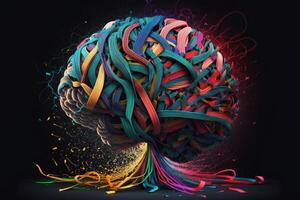 een menselijk hersenen gemaakt van Helder gekleurd linten en vezels, met vonken van creativiteit en inspiratie het schieten uit van het Leuk vinden vuurwerk. ai gegenereerd foto
