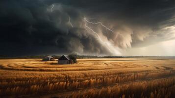 tornado woedt door een veld. illustratie ai generatief foto