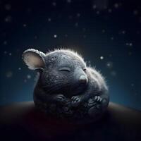 3d illustratie van een grijs muis Aan een donker achtergrond met sterren, ai generatief beeld foto