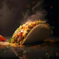 traditioneel Mexicaans taco's met vlees en groenten Aan een zwart achtergrond, ai generatief beeld foto