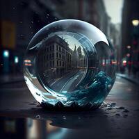 glas bal met reflectie van de stad in de straat. 3d weergave, ai generatief beeld foto