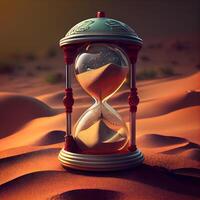 zandloper in de woestijn. tijd voorbijgaan concept. 3d weergave, ai generatief beeld foto