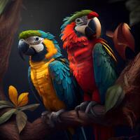 kleurrijk ara papegaaien zittend Aan een Afdeling in de Woud, ai generatief beeld foto