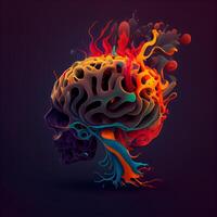 menselijk schedel met hersenen en kleurrijk brand Aan donker achtergrond. illustratie., ai generatief beeld foto