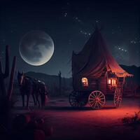 door paarden getrokken wagon in de woestijn Bij nacht. illustratie, ai generatief beeld foto