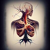 menselijk hart met bloedsomloop systeem en vasculair systeem. medisch illustratie., ai generatief beeld foto