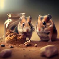 hamsters in een glas pot met noten. 3d weergave., ai generatief beeld foto