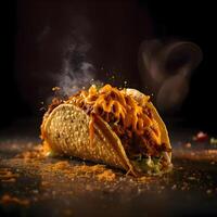 taco's met vlees en groenten Aan een zwart achtergrond met rook, ai generatief beeld foto