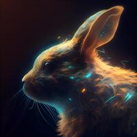 konijn hoofd met gloeiend lichten en deeltjes. 3d illustratie., ai generatief beeld foto