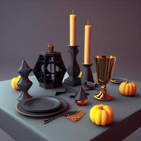 halloween tafel met kaarsen en kandelaars, 3d veroorzaken, ai generatief beeld foto