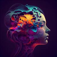digitaal illustratie van een vrouw gezicht omringd door kleurrijk patronen, ai generatief beeld foto