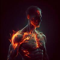 menselijk lichaam met gemarkeerd pijn Oppervlakte Aan donker achtergrond. 3d weergave, ai generatief beeld foto