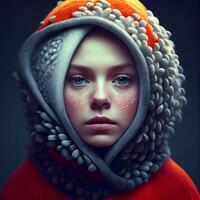 mode portret van een mooi meisje in een gebreid hoed en sjaal., ai generatief beeld foto
