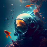 astronaut met geel vis in onderwater- wereld. 3d weergave, ai generatief beeld foto