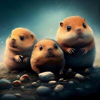 drie hamsters zittend Aan een rots in de regen. 3d weergave, ai generatief beeld foto