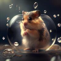 hamster in een glas kom met druppels van water. 3d weergave, ai generatief beeld foto