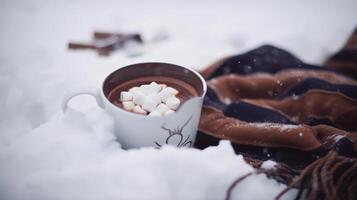 heet chocola Aan sneeuw achtergrond. illustratie ai generatief foto