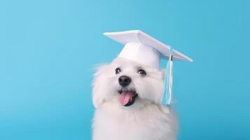 schattig hond in diploma uitreiking kap. illustratie ai generatief foto