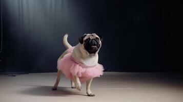 mopshond dod in een licht roze ballet rok is dansen Leuk vinden een balletdanseres, illustratie ai generatief foto