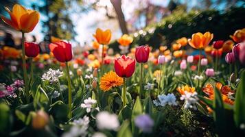 kleurrijk voorjaar tuin. illustratie ai generatief foto