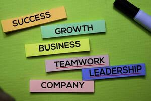 succes, groei, bedrijf, teamwerk, leiderschap, bedrijf tekst Aan kleverig aantekeningen geïsoleerd Aan groen bureau. mechanisme strategie concept foto