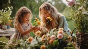 vrouw aanplant bloemen in tuin. illustratie ai generatief foto