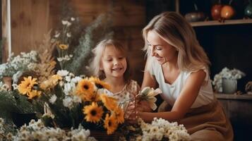 vrouw aanplant bloemen in tuin. illustratie ai generatief foto